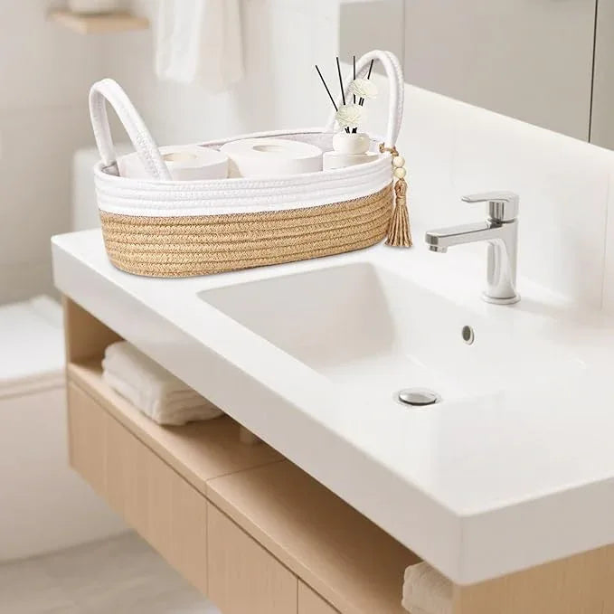 ABenkle Small Storage Basket for Toilet Tank Top - Jute Rope Woven Organizer with Handle, Boho Countertop Bathroom Decor, Toilet Paper Holder, 13x6x4 Inch - ModernBath