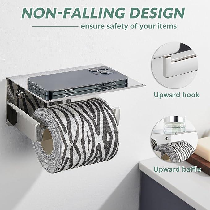 Toilet Paper Holder with Phone Shelf Polished Chrome, APLusee Bathroom Accessories 304 Stainless Steel Tissue Roll Dispenser Storage Wall Mounted - ModernBath
