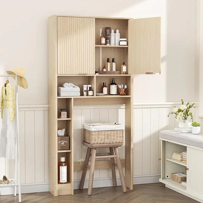 31''W Over The Toilet Storage Cabinet with Fluted Door, Oak Bathroom Organizer with Adjustable Shelf, 67''H Tall Natural Toilet Paper Holder Stand Wave Door for Restroom, Laundry Room - ModernBath