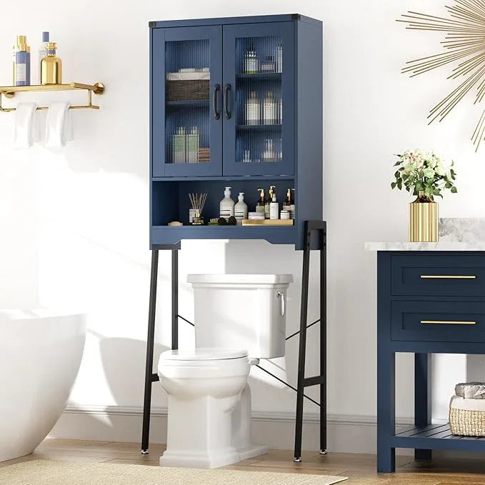 Over The Toilet Storage Cabinet with Tempered Glass Doors and Adjustable Shelf, Bathroom Organizer with Metal Stand Space Saver Over Toilet , Modern Toilet Rack for Bathroom, Restroom, Laundry, Blue - ModernBath
