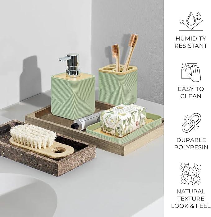 CERBIOR Bathroom Accessories Set 6 Piece Bamboo Bath Ensemble Includes Soap Dispenser, Toothbrush Holder, Toothbrush Cup, Soap Dish for Decorative Countertop and Housewarming Gift (Green) - ModernBath