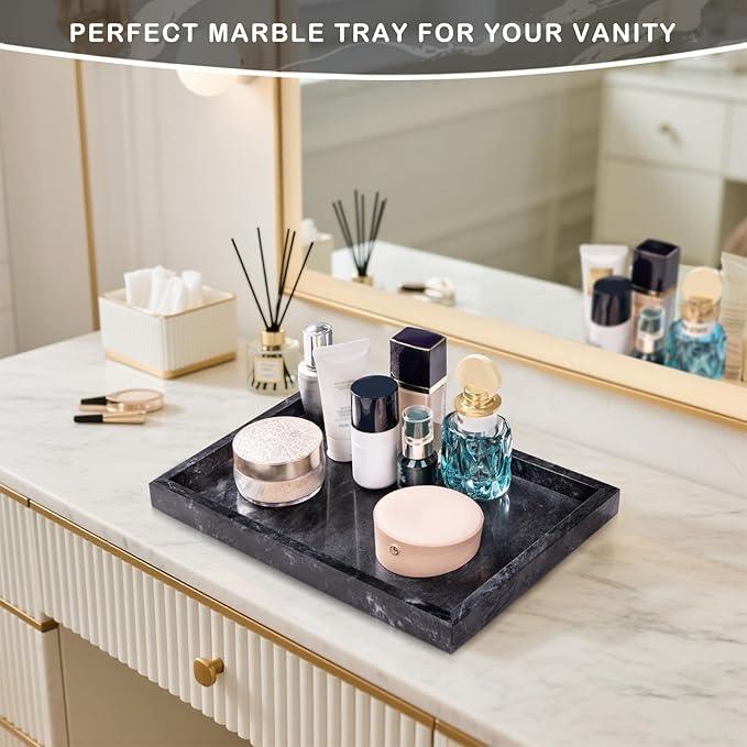 Homaura Marble Bathroom Tray for Countertop & Home Decor, Natural Decorative Marble Tray for Jewelry & Perfume Organizer, Luxury Stone Vanity Trays for Dresser, Kitchen Counter, 12" x 8", Gray Black - ModernBath
