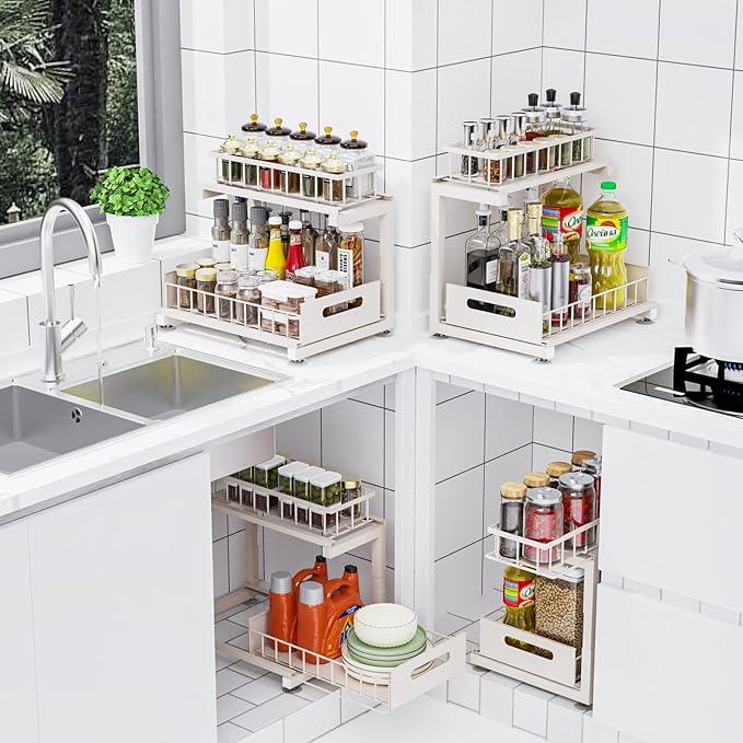 2 Pack Under Sink Organizer, Heavy Duty Metal Slide Out Sink Shelf Organizer Height Adjustable, Multi-Purpose Storage Shelf for Kitchen Bathroom (Sand,2Pack) - ModernBath