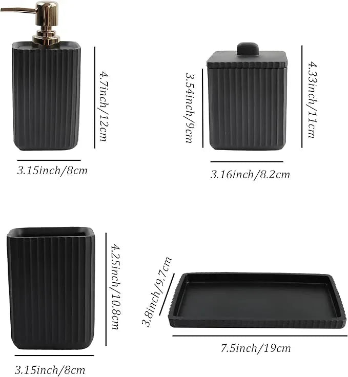 Hymmah Black Bathroom Accessories Set,Unique Design Bathroom Set 5 Pcs Resin Gift Set Apartment Necessities, Contain Cotton Swab Jar,Soap Dispenser,Soap Dish/Tray,Tumbler - ModernBath