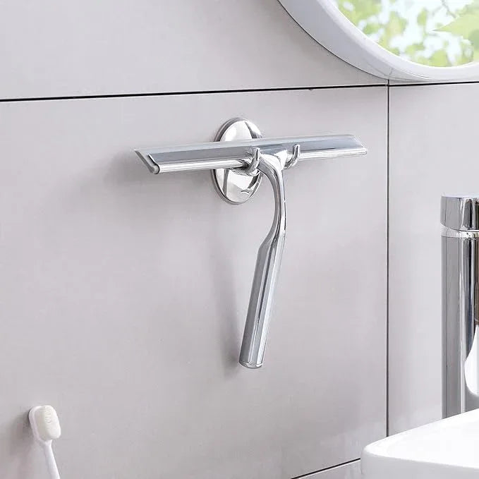 Ettori Shower Squeegee Clear Glass Wall Cleaner Stainless Steel with Suction Storage Hook -10'', Chrome - ModernBath