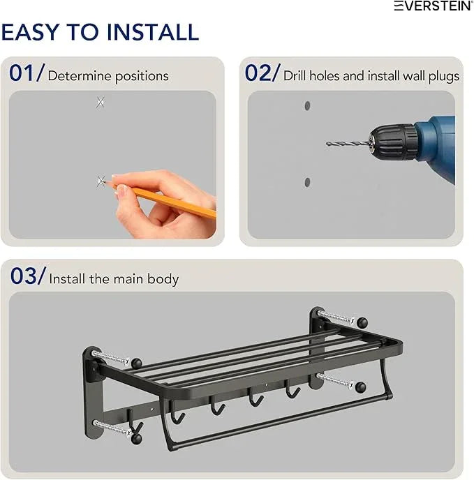 Bathroom Towel Rack with Storage Shelf and 5 Hooks, 23.6 in Foldable Towel Shelf Bar, Wall Mounted Lavatory Organizer，Matte Black - ModernBath