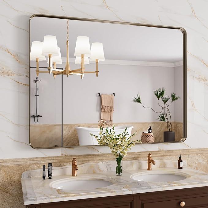 JISOSO Bronze Bathroom Mirror 40x30 Inch, Brushed Bronze Metal Frame Mirror for Wall, Rounded Rectangle Bathroom Vanity Mirror with Tempered Glass, Anti-Rust, Horizontal/Vertical - ModernBath