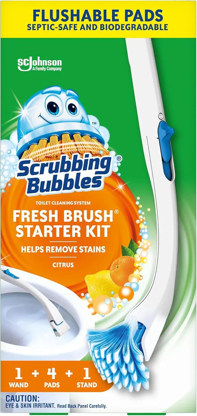 Scrubbing Bubbles Toilet Bowl Brush and Holder with Cleaner Refill Pads, Fresh Brush Toilet Wand Starter Kit, Cleans Limescale & Fights Odors, Citrus Scent, 1 Wand + 4 Refills + 1 Stand (Pack of 4) - ModernBath