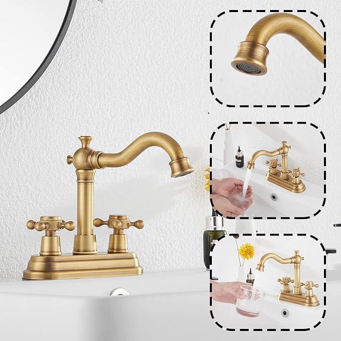 Bathroom Faucet Antique Brass GGStudy 2 Handles 4 Inches Centerset Bathroom Vanity with Drain Assembly and Supply Hose Lavatory Faucet Mixer Double Handle Tap - ModernBath