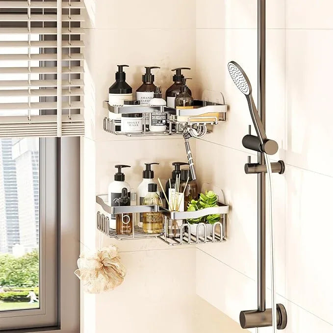 SWTYMIKI Shower Caddy Corner with Soap Holder, 2-Tier Stainless Steel Corner Shower Organizer with 11 Hooks, No Drilling & 6 Strong Adhesives Bathroom Shelf Organizer, Silver - 2 Tier - ModernBath