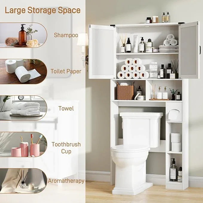 Vabches Over The Toilet Storage Cabinet, Farmhouse Bathroom Cabinet Over Toilet with Paper Holder, Rustic Bathroom Storage Organizer with Doors, White - ModernBath