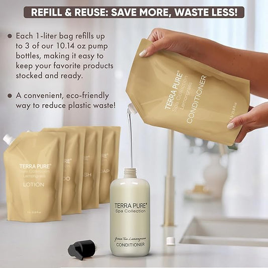 Terra Pure Spa Collection 1 Liter Conditioner Refill Bag For Soap Dispensers | Bulk Toiletries for Vacation Rentals, and Home Bathroom Showers | Green Tea Lemongrass | Set of 3