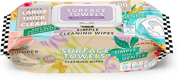 Juniper CLEAN Single Surface Cleaning Wipes Bleach Free, Thick & Large Dispose, All-Purpose Cleaner for Bathroom, Kitchen, Office, 100 Count Soft Flow, Biodegradable, Lavender Scent - ModernBath