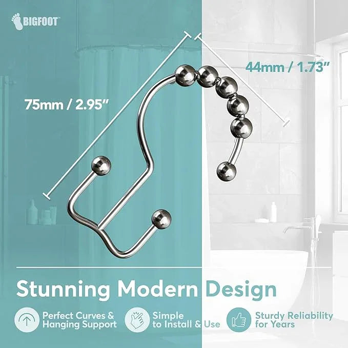 BigFoot Shower Curtain Hooks, Stainless Steel, Rust Resistant, Easy Installation & Smooth Glide, Fits Standard Shower Rods, 2 Hook Rings Hold Liners & Curtains, 12 Pieces, Nickel Color - ModernBath