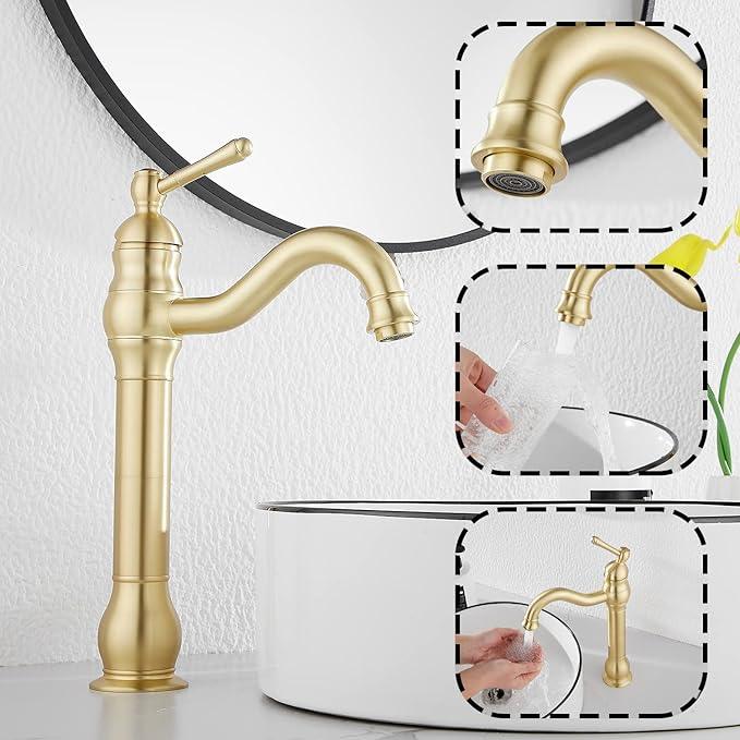 GGStudy 360 Swivel Single-Handle One Hole Vessel Sink Faucet with Matching Pop Up Drain - Brushed Gold Farmhouse Bathroom Vanity Faucet - ModernBath