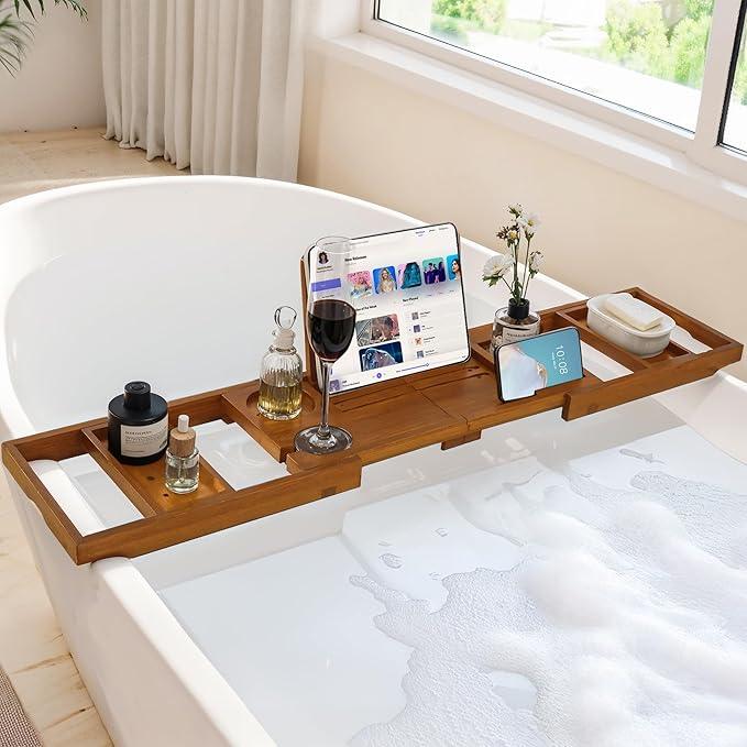 Teak Bathtub Tray, Luxury Bath Table Tray with Wine Glass and Phone Holders & Book Stand, Foldable Wooden Bathtub Caddy for Home Spa Relaxation, Bath Gift for Women（Natural Teak） - ModernBath
