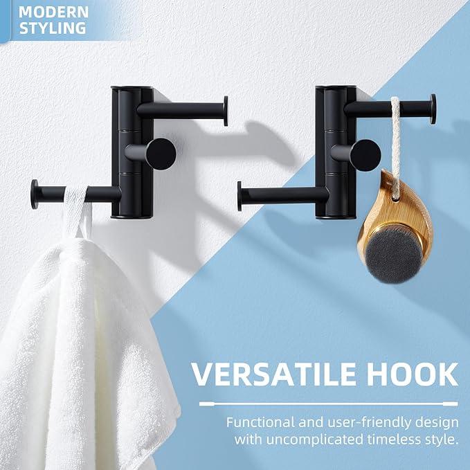 Angle Simple Swivel Towel Hook Matte Black 2 Pack, SUS 304 Stainless Steel Coat Robe Hook for Bathroom - ModernBath