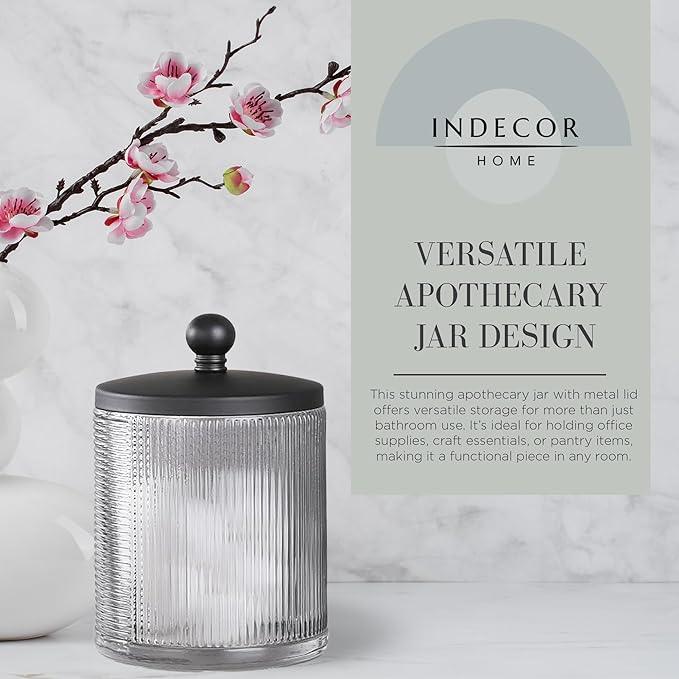 Indecor Home Gray Colored Tranlucent Apothecary Ribbed Geo Etched Glass Jar W/Matte Black Metal Lid Cover for Bathroom Organization, Cotton Balls, Q Tips, and Small Accessories, Bathroom Storage - ModernBath