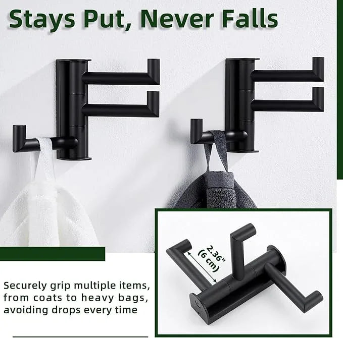 APLusee Matte Black Swivel Towel Hooks for Bathroom 2 Pack, 304 Stainless Steel Foldable Coat Hooks with Multi 3 Arms, Heavy Duty Robe Towel Holders Wall Mounted - ModernBath