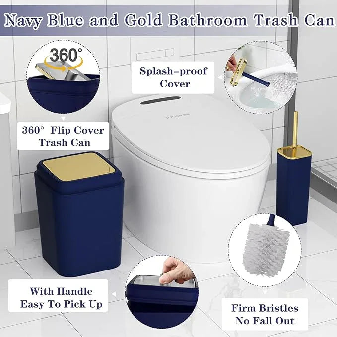 XLHOMO Navy Blue Bathroom Accessories Set, Blue and Gold Bathroom Accessories with Trash Can, Soap Dispenser, Soap Dish, Toothbrush Holder and Q-tip Holders - ModernBath