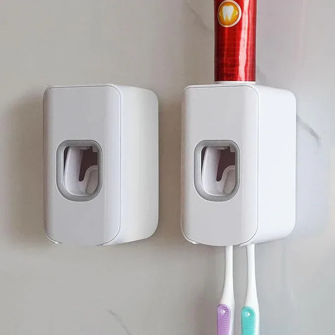 2 Slot Toothbrush Holder and Toothpaste Dispenser Wall Mounted, Automatic Toothpaste Squeezer, 2 in 1 Tooth Brush Toothpaste Organizer for Shower (White 2pack) - ModernBath