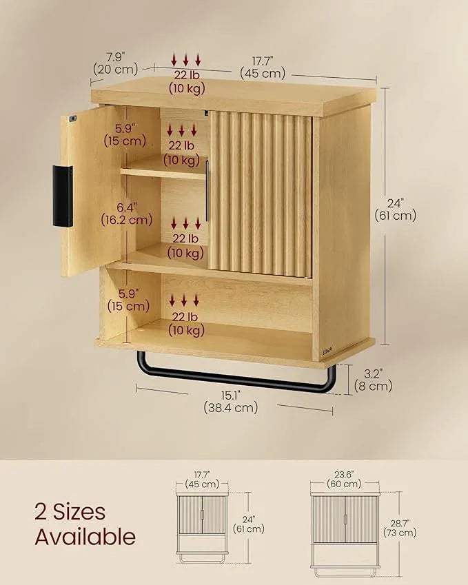 VASAGLE MAXE Collection - Bathroom Cabinet Wall Mounted, Over Toilet Hanging Cabinet with Adjustable Shelf, Towel Bar, Fluted Doors, 7.9 x 17.7 x 24 Inches, Transitional, Oak Beige UBBK137Y01S - ModernBath