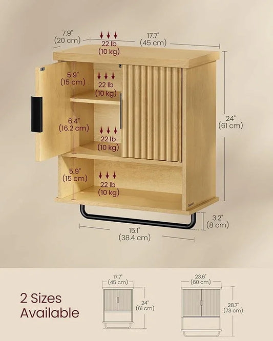 VASAGLE MAXE Collection - Bathroom Cabinet Wall Mounted, Over Toilet Hanging Cabinet with Adjustable Shelf, Towel Bar, Fluted Doors, 7.9 x 17.7 x 24 Inches, Transitional, Oak Beige UBBK137Y01S - ModernBath