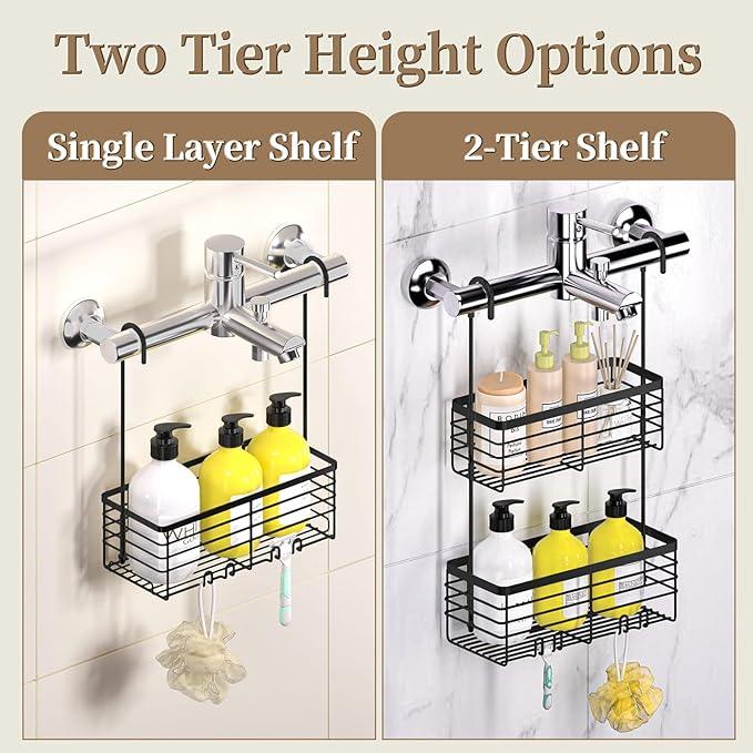 DELLAN 2-Tier Shower Hanging Caddy, Shower Rack with Hooks Over the Door, Stainless Steel Hanging Orangizer and Basket (Black) - ModernBath
