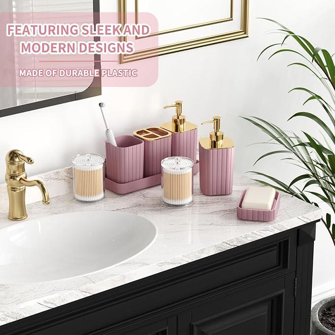XLHOMO Bathroom Set - 26PC Bathroom Set with Shower Curtain and Rugs, Bathroom Accessory Set, Pink Bathroom Accessories Set, Trash Can & Soap Dispenser - ModernBath