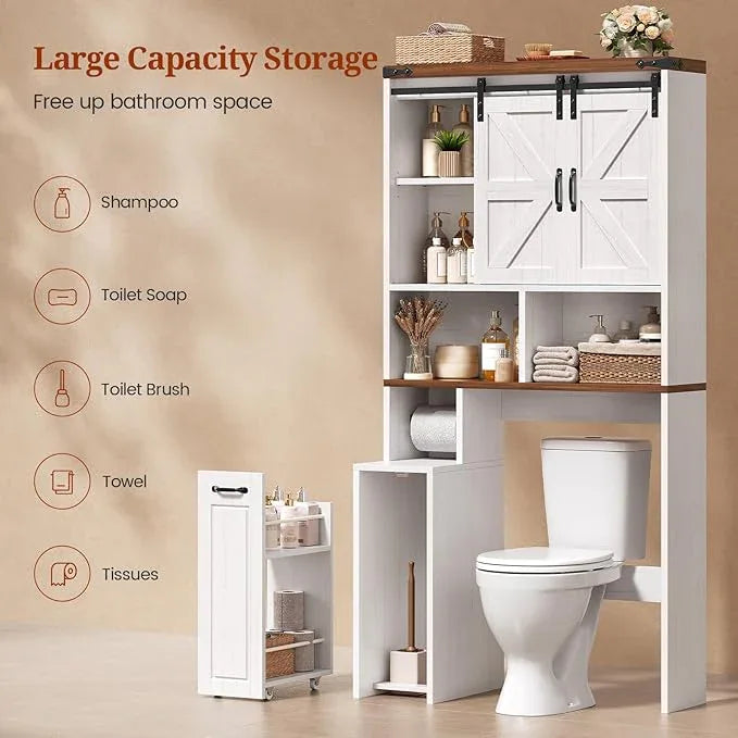 Farmhouse Over The Toilet Storage Cabinet with Pulley, Slide Barn Doors Bathroom Storage Cabinet, Space Saver W/Adjustable Shelf & Open Shelf for Bathroom, Restroom, Laundry (White Brown-Type A) - ModernBath
