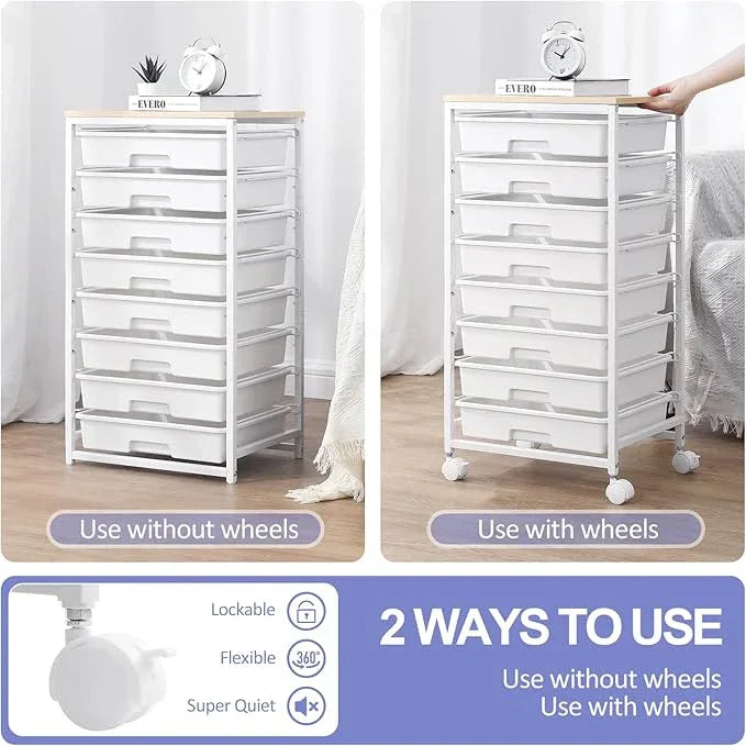 Rolling Storage Cart with Drawers,Utility Cart With 8 Drawers and Wooden Tabletop,Rolling Drawer Cart,Storage Drawer Cart for Living Room,Classroom,Bedroom,Bathroom,Dorm,Office,White - ModernBath