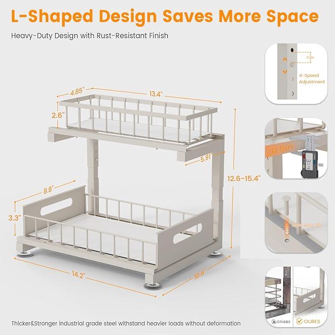 2 Pack Under Sink Organizer, Heavy Duty Metal Slide Out Sink Shelf Organizer Height Adjustable, Multi-Purpose Storage Shelf for Kitchen Bathroom (Sand,2Pack) - ModernBath