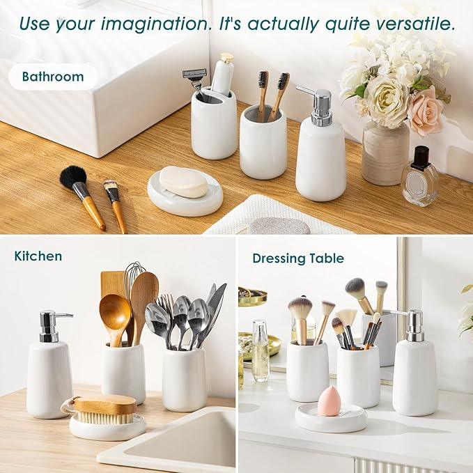 vancasso White Bathroom Accessories Set, Ceramic Soap Dispenser and Toothbrush Holder Sets, Stoneware 4 Pcs Bathroom Sink Set for Modern Home Decor - ModernBath