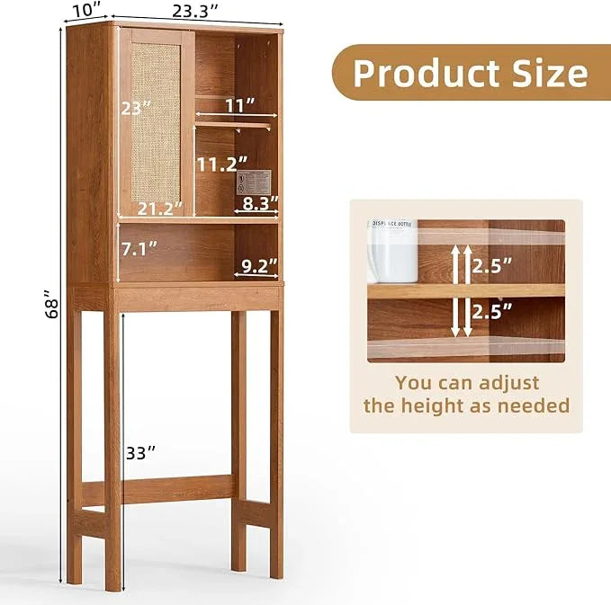 LEYAOYAO Over The Toilet Storage Cabinet with Rattan Sliding Door, 68" Tall Wood Above Toilet Bathroom Organizer w/Adjustable Shelf & Curved Profile, Space Saver Freestanding Washer Shelf - ModernBath