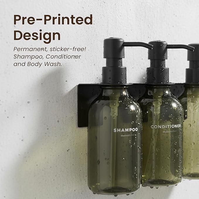 MaisoNovo Shampoo and Conditioner Dispenser - Shower Soap Dispenser Wall Mounted - 16.9 fl oz Set of 3 Green Plastic Bottles Black Pump - Shampoo Dispenser, Shower Dispenser - ModernBath