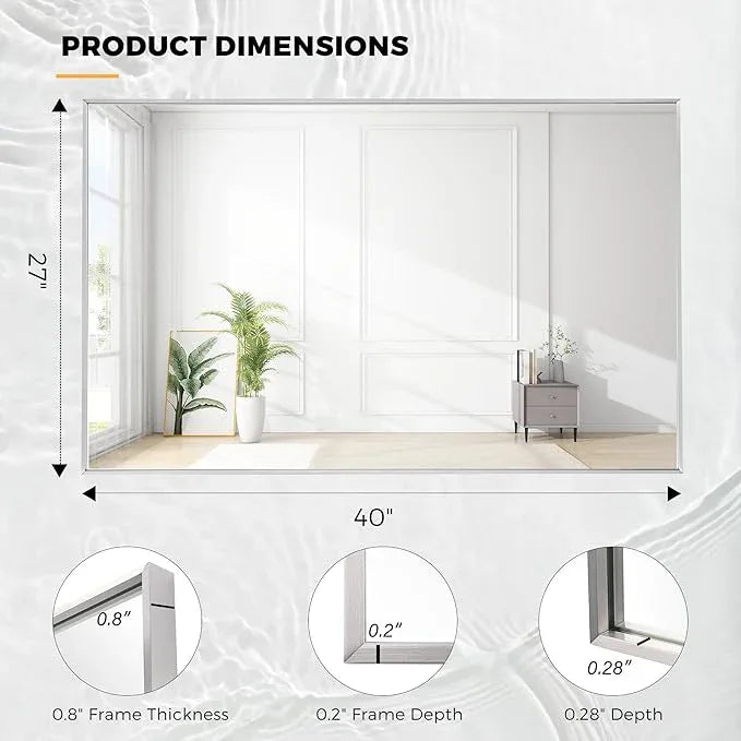Bonverre 27x40 Inch Nickel Bathroom Mirror for Wall, Aluminum Frame Rectangle Rectangular Vanity Mirror, Modern Large for Bedroom, Living Room, Horizontal or Vertical - ModernBath