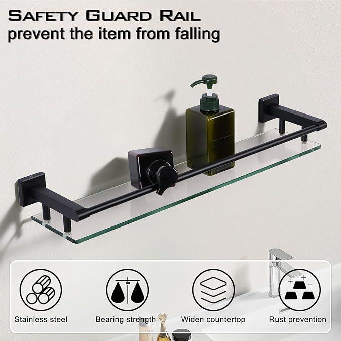 Glass Shelf for Bathroom Wall Sheves 24 inch Rectangular Stainless Steel Tempered Glass Modern Stainless Steel Wall Mount Accessories Organizers Storage (Matte Black) - ModernBath