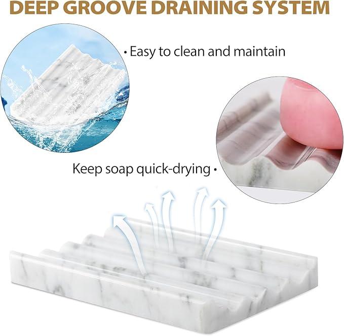 2PCS Koville Italian Natural Marble Soap Dish for Shower, Stone Soap Tray for Bathroom, Bar Soap Holder for Sink, Stripe Grooves Saver Keep Bars Dry Easy Clean (Bianco Carrara) - ModernBath
