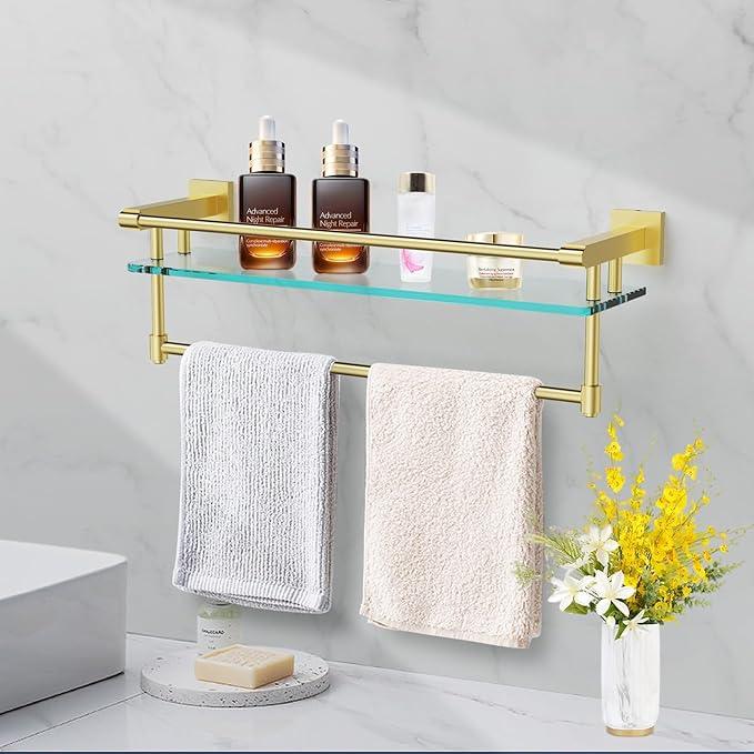 Bathroom Glass Shelf with Towel Rack Organizer Wall-Mounted Bathroom Storage SUS304 Stainless Steel Track Wall-Mounted Tempered Glass Stainless Steel Shelf (Brushed Gold, 20-inch) - ModernBath