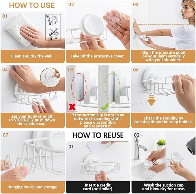 LEVERLOC Soap Holder Dish with Hooks for Shower, Bar Suction Cup Soap Tray Wall Mounted, Rustproof Stainless Steel Sponge Holder Caddy for Bathroom Bathtub Kitchen Sink, White - ModernBath