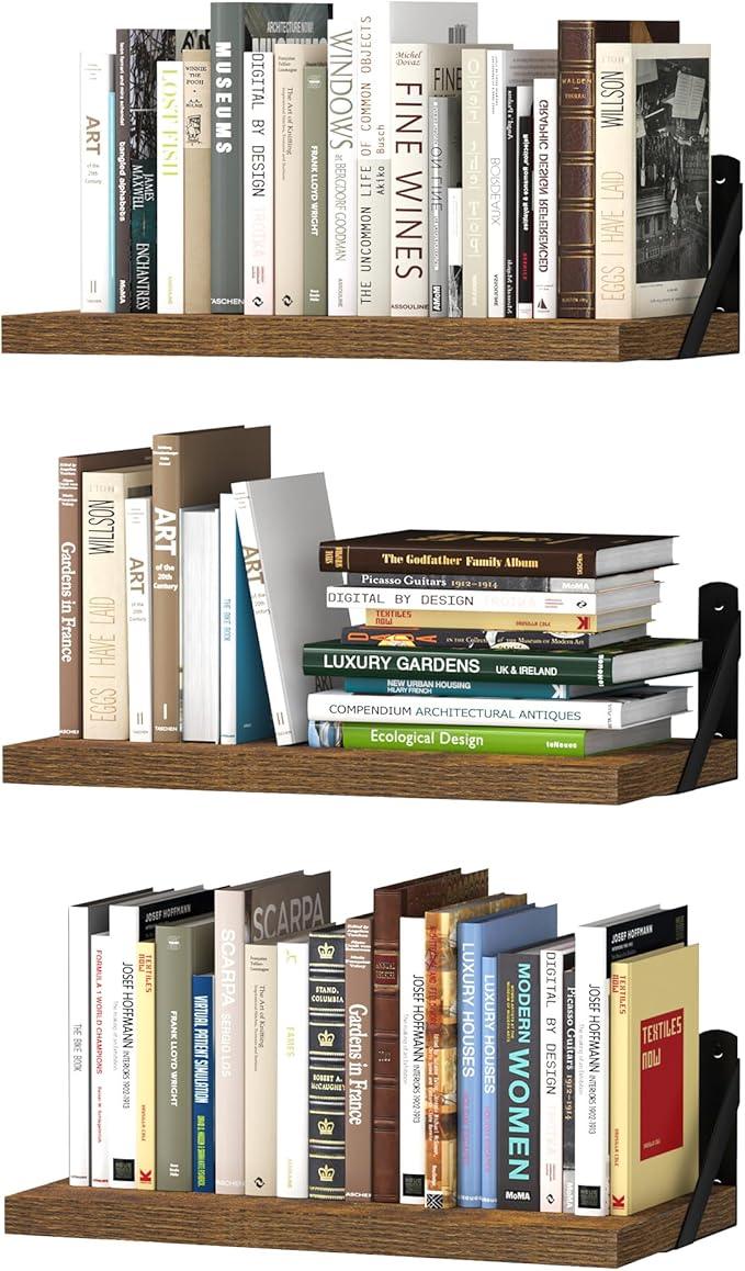 upsimples Floating Book Shelves for Wall, 15.7 Inches Wood Shelves for Living Room, Bathroom, Bedroom, Kitchen Storage and Decoration, Brown - ModernBath
