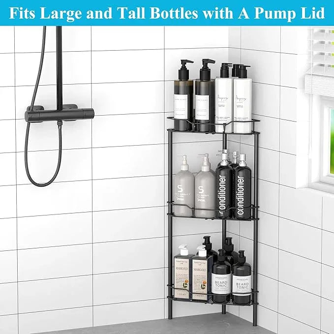 3 Tier Floor Standing Corner Shower Caddy Organizer Shelf with Hooks, Bathroom Shelves Stand Rack, Black - ModernBath