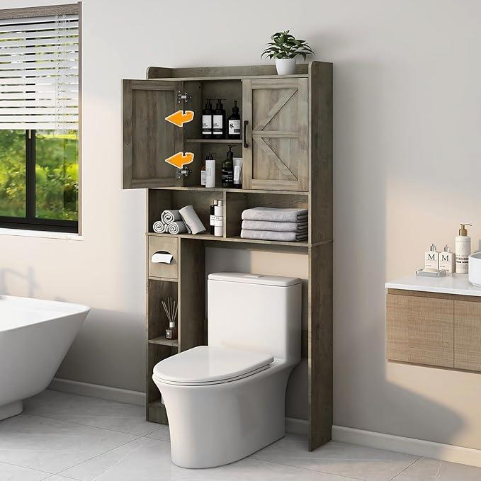 Vabches Over The Toilet Storage Cabinet, Farmhouse Storage Cabinet Over Toilet with 2 Barn Door & Toilet Paper Holder Stand，Home Space-Saving Toilet Rack, for Bathroom, Restroom, Laundry - ModernBath