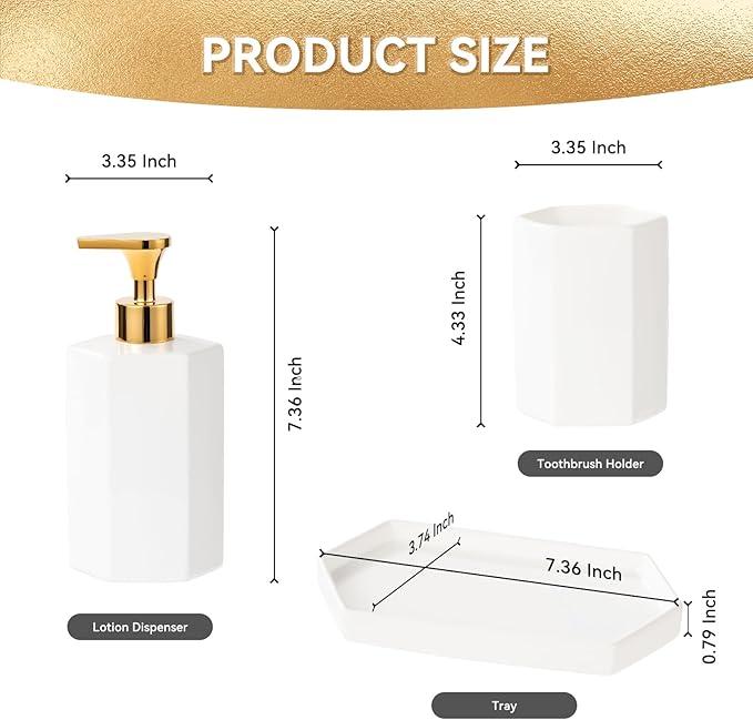 Ceramic Bathroom Accessories Complete with Soap Dispenser, Toothbrush Holder, Bathroom Tumbler, and Vanity Tray - Modern Bathroom Decor,3PCS (Gold) - ModernBath