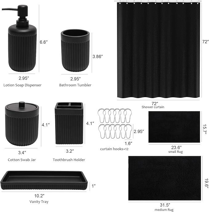 XLHOMO 8-Piece Matte Black Bathroom Set - Luxury Resin Bathroom Accessories Sets Complete with Shower Curtain and Rugs, Soap Dispenser, Toothbrush Holder, Cup, Apothecary Jars & Tray - ModernBath