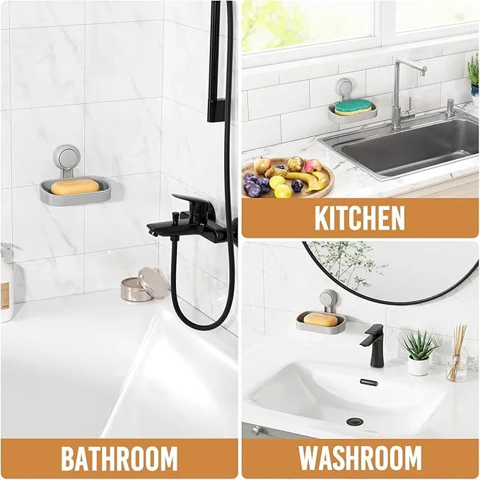 LEVERLOC Soap Dish Holder for Shower Suction Cup Wall Mounted Self Draining NO-Drilling Removable Bar Soap Sponge Holder for Bathroom Bathtub Kitchen Sink Waterproof Strong Vacuum Suction, Grey - ModernBath