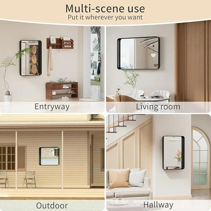 Koonmi Black Wall Mirror for Bathroom, 24x36 Inch Matte Deep Framed Rounded Rectangle Vanity Mirror for Farmhouse Living Room, Tempered Glass, Anti-Rust, Vertically or Horizontally - ModernBath