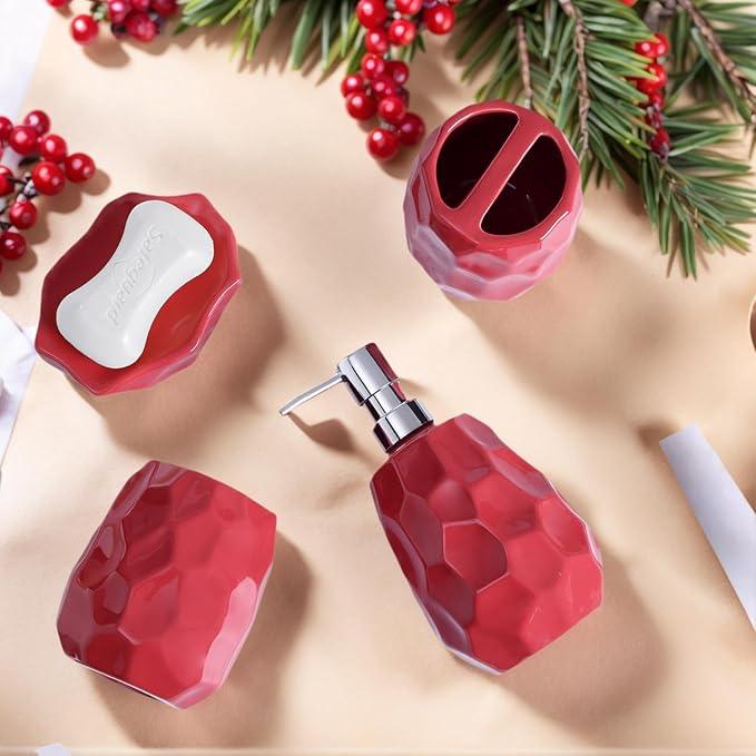 Ceramic Bathroom Accessories Set 4 PCS,Bathroom Toothbrush Holder Set,Soap and Toothbrush Holder Set,Include Toothbrush Holder,Soap Dispenser,Tumbler,Soap Dish,Bathroom Sets Decor Organizer (Red) - ModernBath