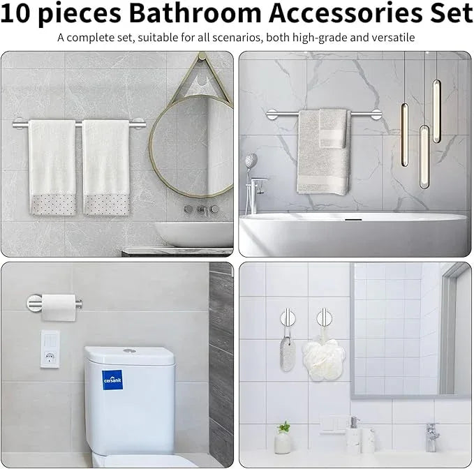 10-Pieces Bathroom Hardware Set, Includes 24 Inch Towel Racks for Bathroom Wall Mounted, Toilet Paper Holder, Towel Hooks for Bathrooms, Towel Rings for Bathroom Wall (Brushed Nickel) - ModernBath