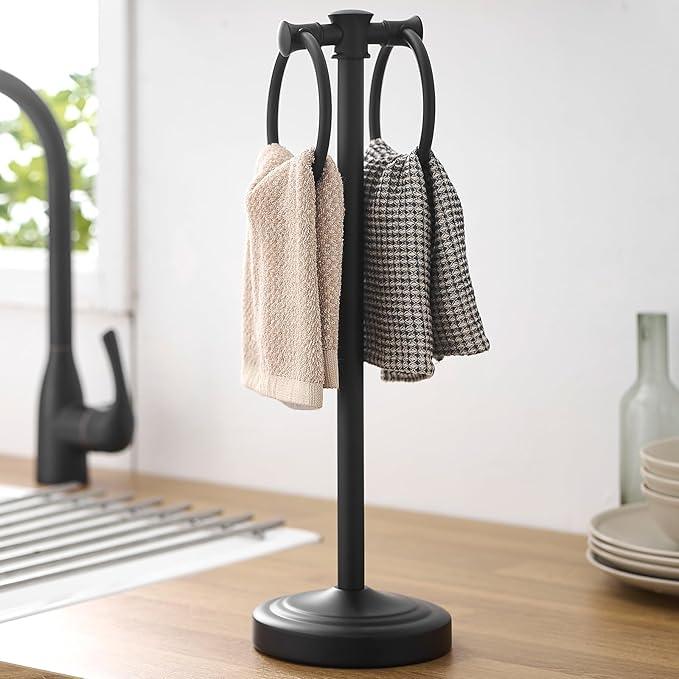 Hoimpro 17" Matte Black Stainless Steel Standing Towel Rack Double Towel Ring Hand Towel Stand Holder, Bathroom Accessories Set Hardware Towel Bar Hanger for Bathroom Vanity and Kitchen Countertops - ModernBath